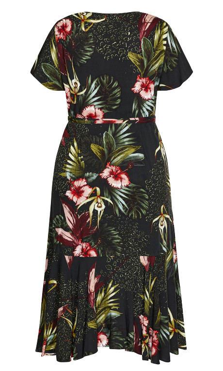 Women's Plus Size Frill Black Phuket Tropical Print Midi Dress